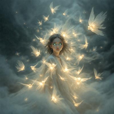 The primary subject of the image is a woman with glowing eyes, surrounded by a cloud of butterflies. The setting is a dark, cloudy sky, and the visual style is a digital art or illustration. The colors and mood of the image are predominantly dark and moody, with the glowing eyes of the woman and the butterflies creating a sense of magic and enchantment.